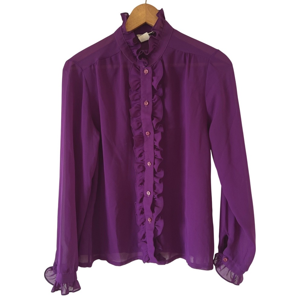 VTG ILGWU Sheer Purple Blouse Sz M Ruffled Button Goth Twee Vamp Coquette Dark